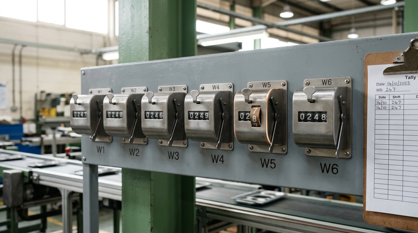 A wall-mounted takt board carrying six mechanical tally counters, one for each workstation, with one counter's digit wheel caught rolling over mid-increment while the other five sit unchanged and roughly even