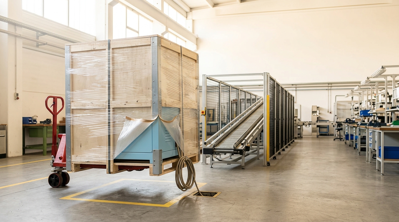 A crated third-generation production cell suspended on a pallet jack's forks a hand's width above its marked floor position, one corner of its protective wrap peeled back to show fresh paint and a power cable still coiled and unconnected