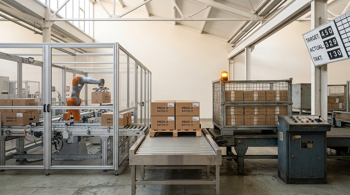 A new automated production line and a decades-old manually-tended line standing side by side in a bright manufacturing hall, their output pallets converging onto one shared takeaway conveyor, one pallet from the automated line just settling into place while the older line's pallet is still arriving with its position lamp still amber