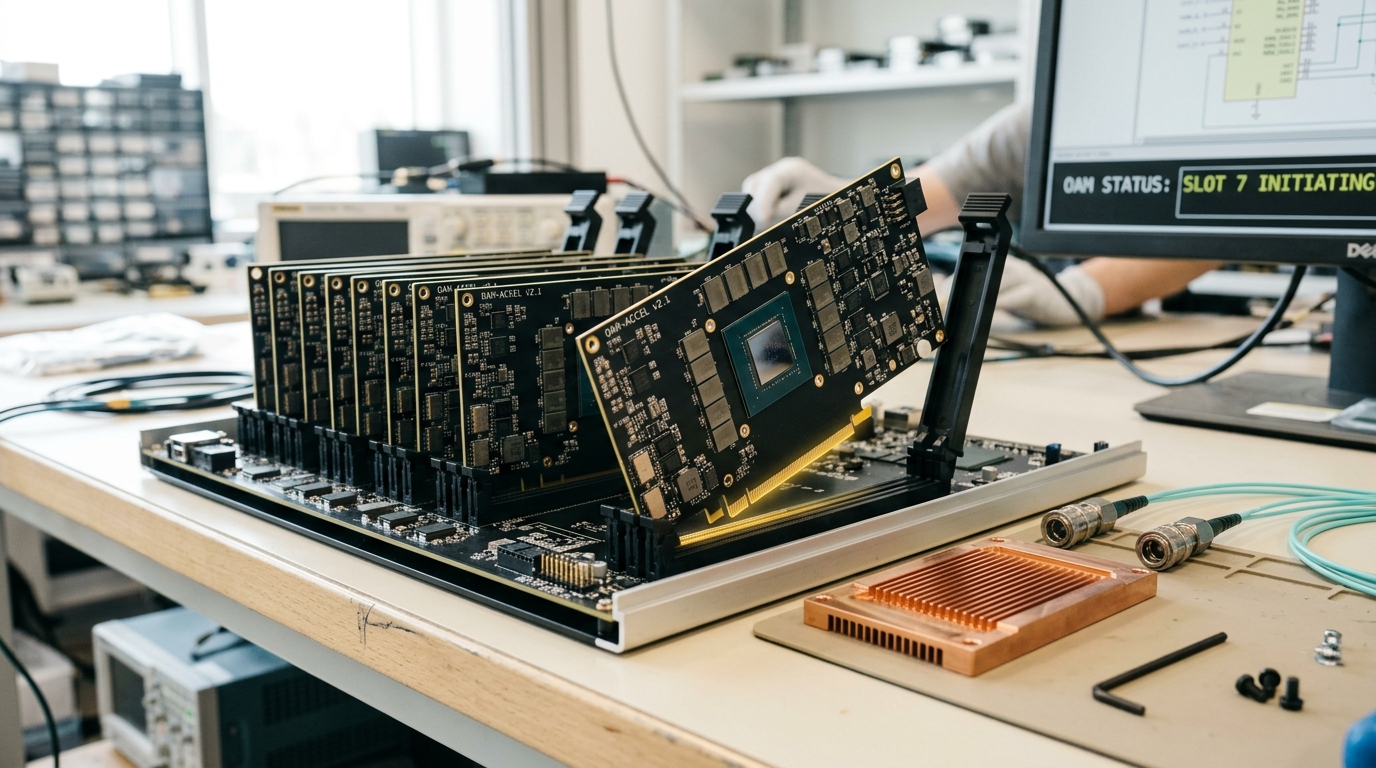 An accelerator board caught part-way into its socket on a bright lab bench beside a row of identical boards already seated in the same serving tray