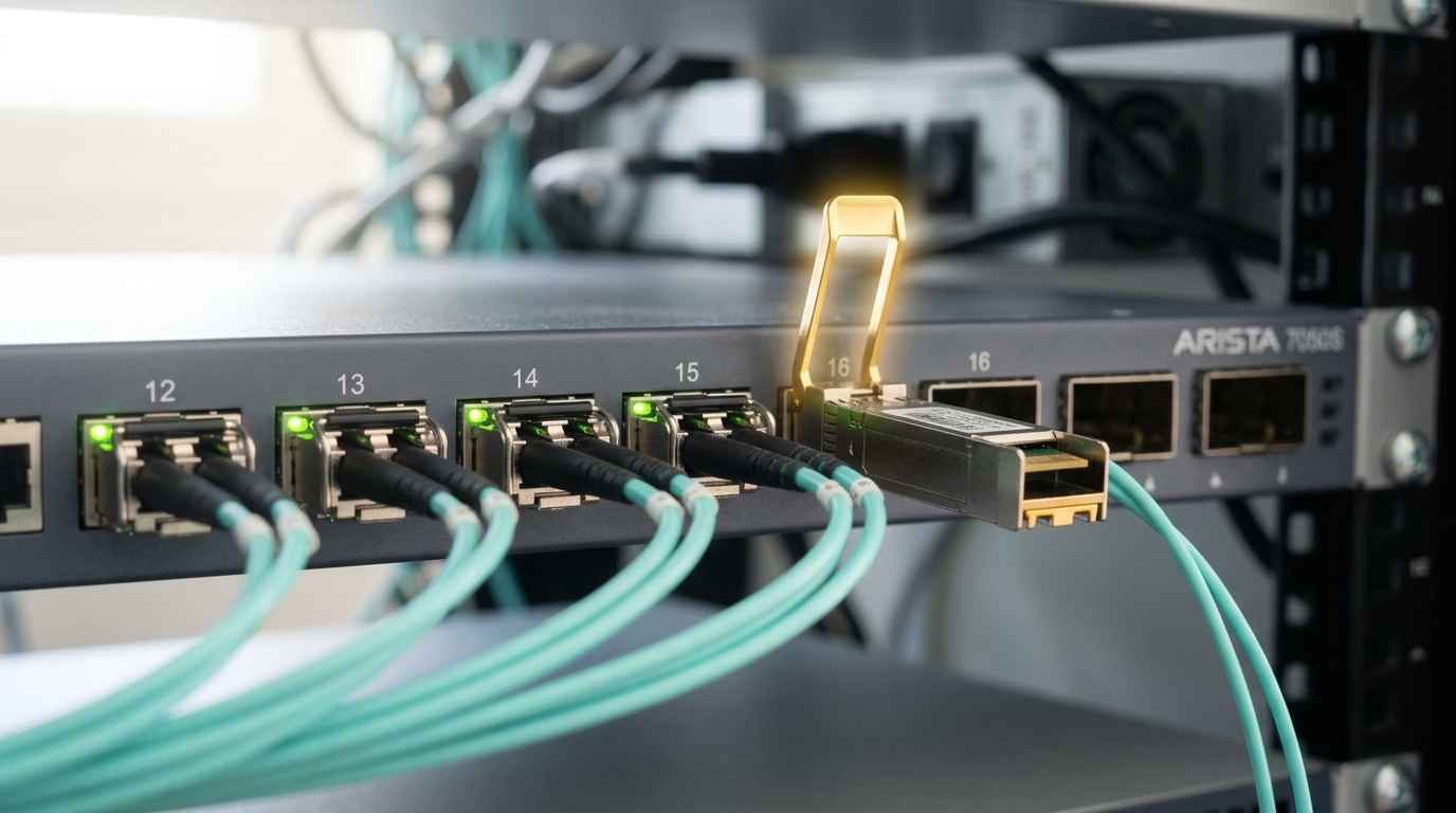 A run of four aqua fibre transceivers already latched into consecutive ports of a switch cage, with a fifth caught mid-insertion and its latch bail still standing open