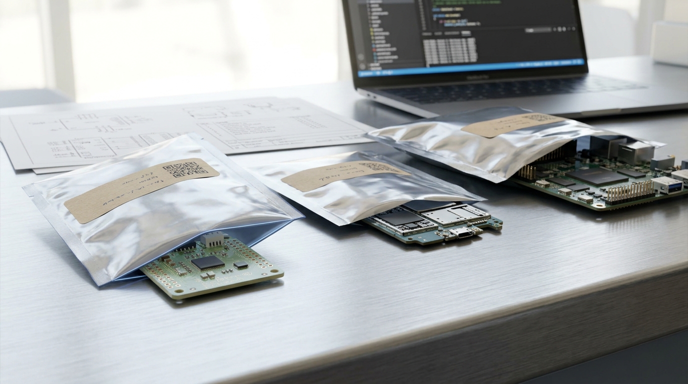 Three small reference hardware boards laid in a row on a release desk, each paired with a foil model-package bag of a different thickness, one thin bag caught mid-slide toward alignment with its microcontroller-class board