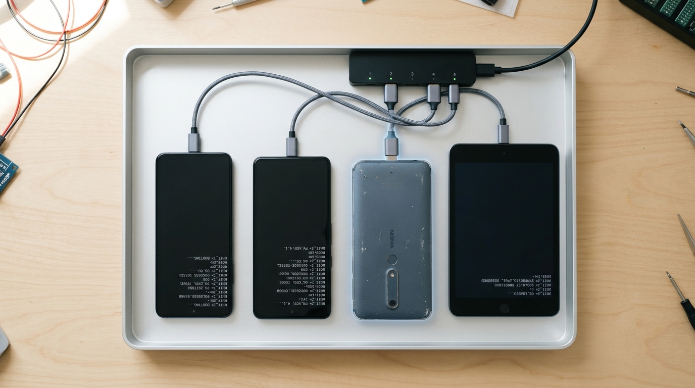 An overhead view of a flat tray holding a deliberately mixed set of devices — a flagship phone, a mid-tier phone, an older budget phone and a small tablet — cabled into a hub, one connector caught mid-seat