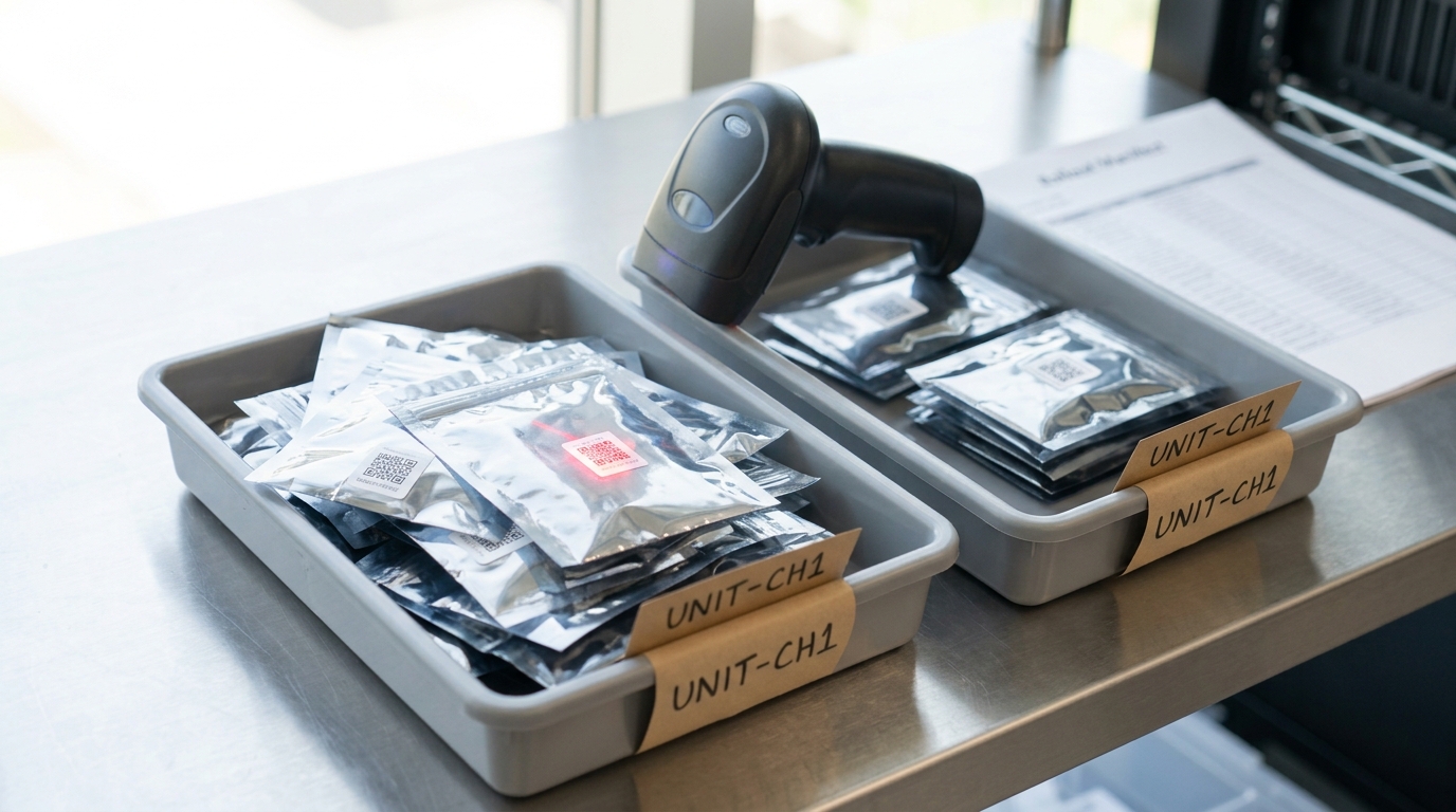 A staged-rollout shelf holding foil model-package bags sorted into a staged bin and a delivered bin, a QR scanner held over one bag mid-scan, its beam not yet lifted away