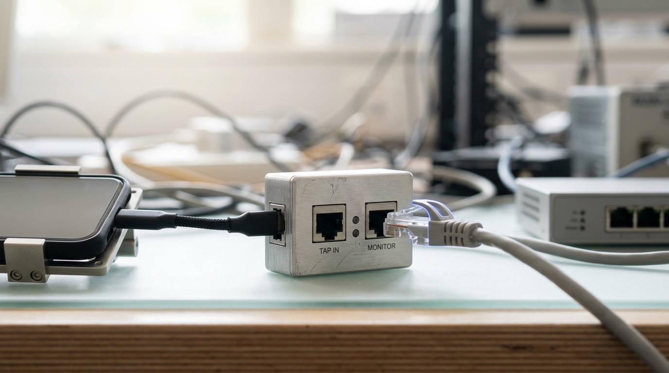 A small two-port network tap spliced inline between a phone's test harness and a switch, one Ethernet patch lead caught mid-plug into the tap's monitor port with its clip not yet clicked home