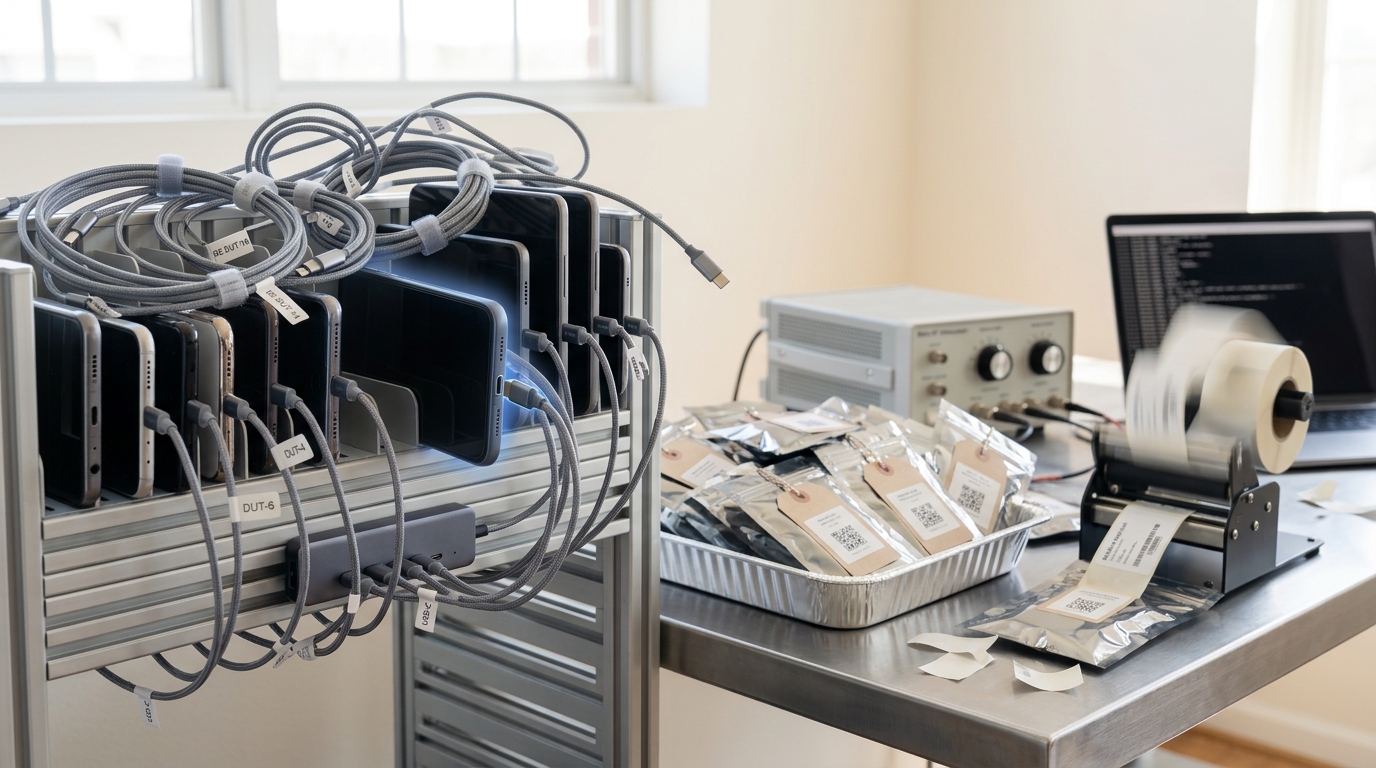 A slotted aluminium device-fleet rack of phones and tablets mostly cabled and seated, one phone's bay still open with its USB-C lead hanging free, beside a release desk where a label applicator arm is mid-stroke onto a foil model-package bag