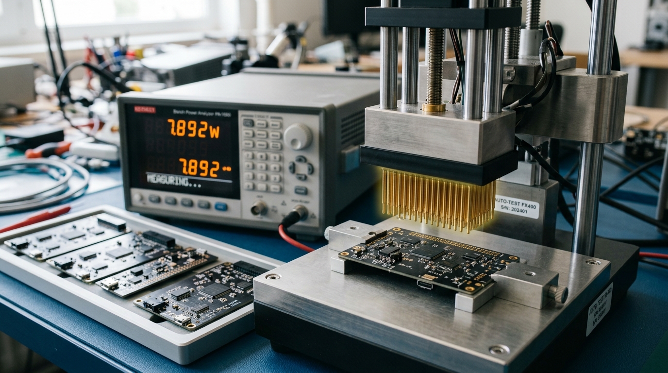 An automated test fixture cycling through a tray of small candidate boards of slightly different layouts, a bench power analyzer mid-reading on the board currently seated