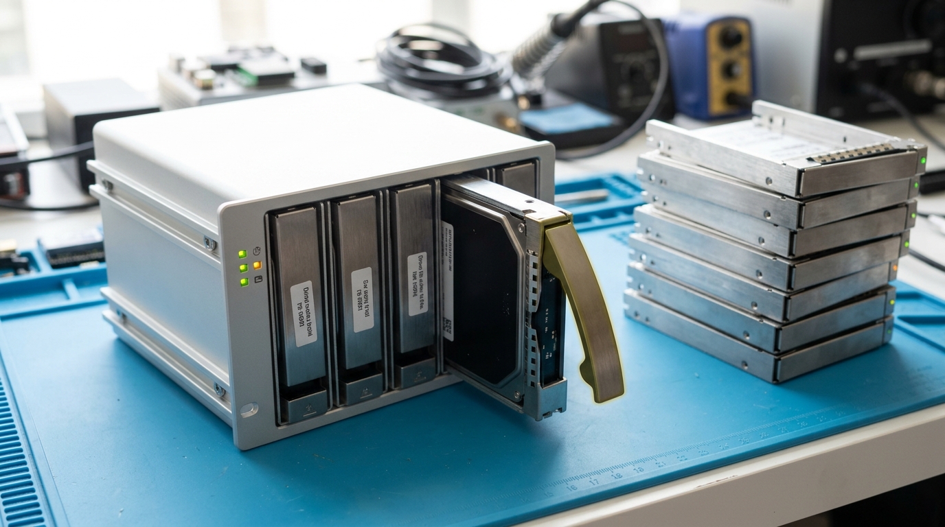 A compact training tray being loaded with a short row of labelled drive caddies while a much larger stack of plain unloaded caddies sits set aside on the bench