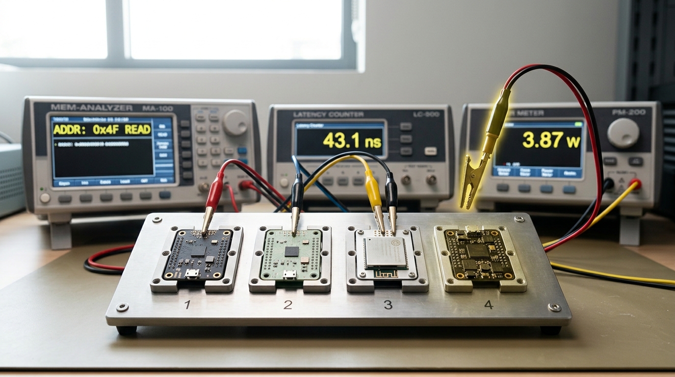 A bright open lab with four separate demonstration benches in a row, each holding a different small-model test rig, the farthest bench still being wired in