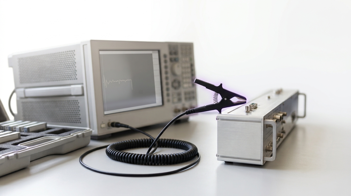 A bench-top comparison jig holding one small module from each strategy in its own socket, each wired to a different measurement instrument, a fourth lead still being connected