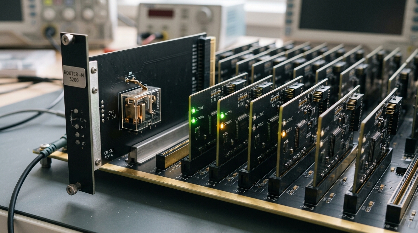 A router card on a backplane of small daughtercard expert modules, only two status lights lit while the rest of the backplane's populated slots stand dark