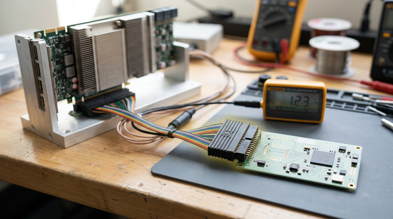 A full-height accelerator card wired by a diagnostic probe harness to a compact edge module on a bench, a precision calibration meter mid-cycle beside an unpopulated component pad