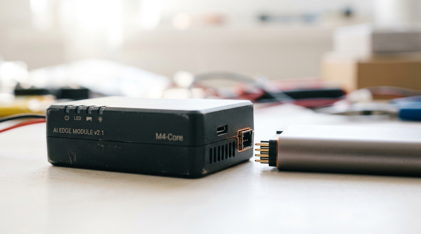 A small, low-power inference module caught being fitted into a camera housing on a bright bench, the module dramatically smaller than any datacenter accelerator board, its edge connector not yet seated