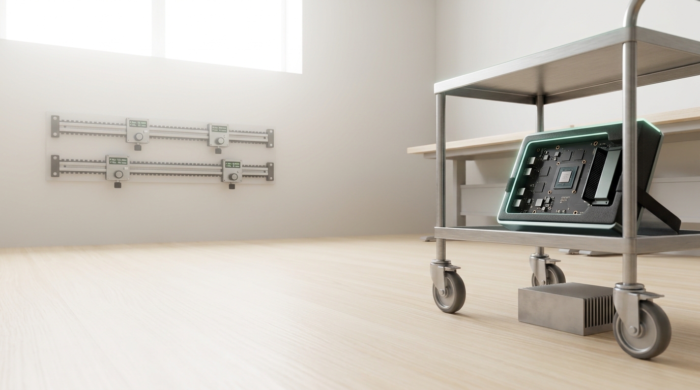 A wheeled instrument cart carrying a freshly tested NPU module caught mid-roll across the floor toward the capability-gap tracking wall, still short of it
