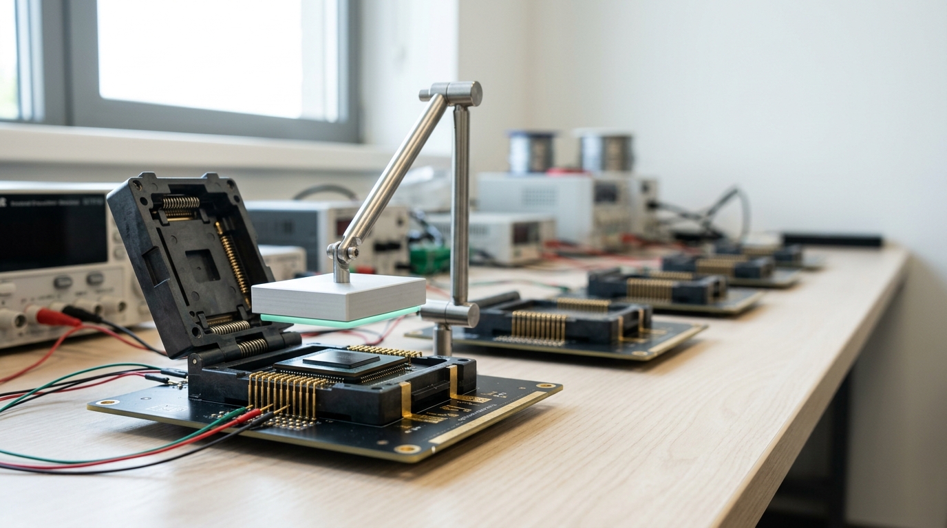 A prototype NPU package seated in an open burn-in socket on a characterization bench, a fine articulated cold-plate arm lowering toward it and not yet seated, with a row of identical empty sockets receding down the bench