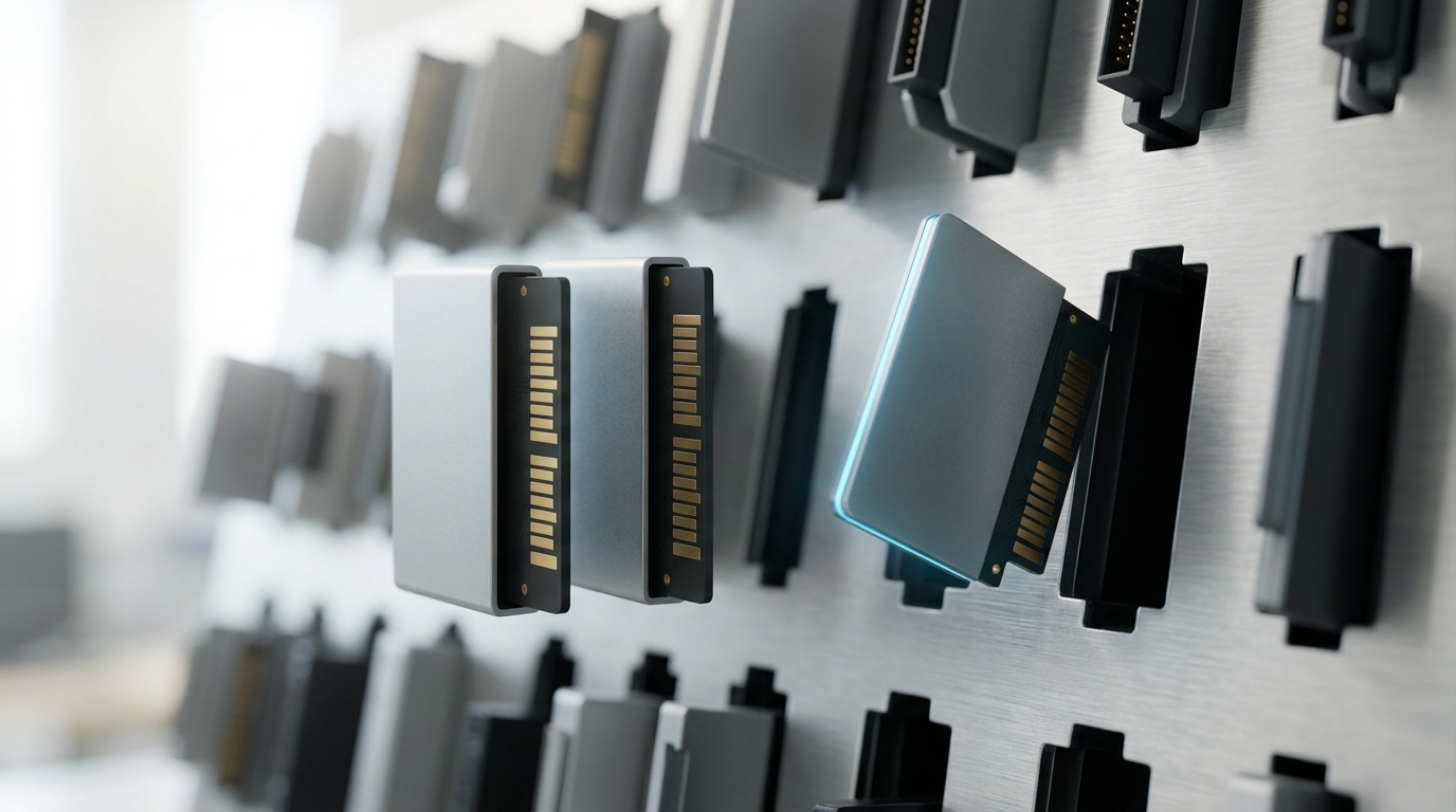 A small personalization adapter cartridge caught half-inserted into a device cradle's slot, its gold-fingered edge not yet seated, beside a wall rack holding several other differently shaped cartridges