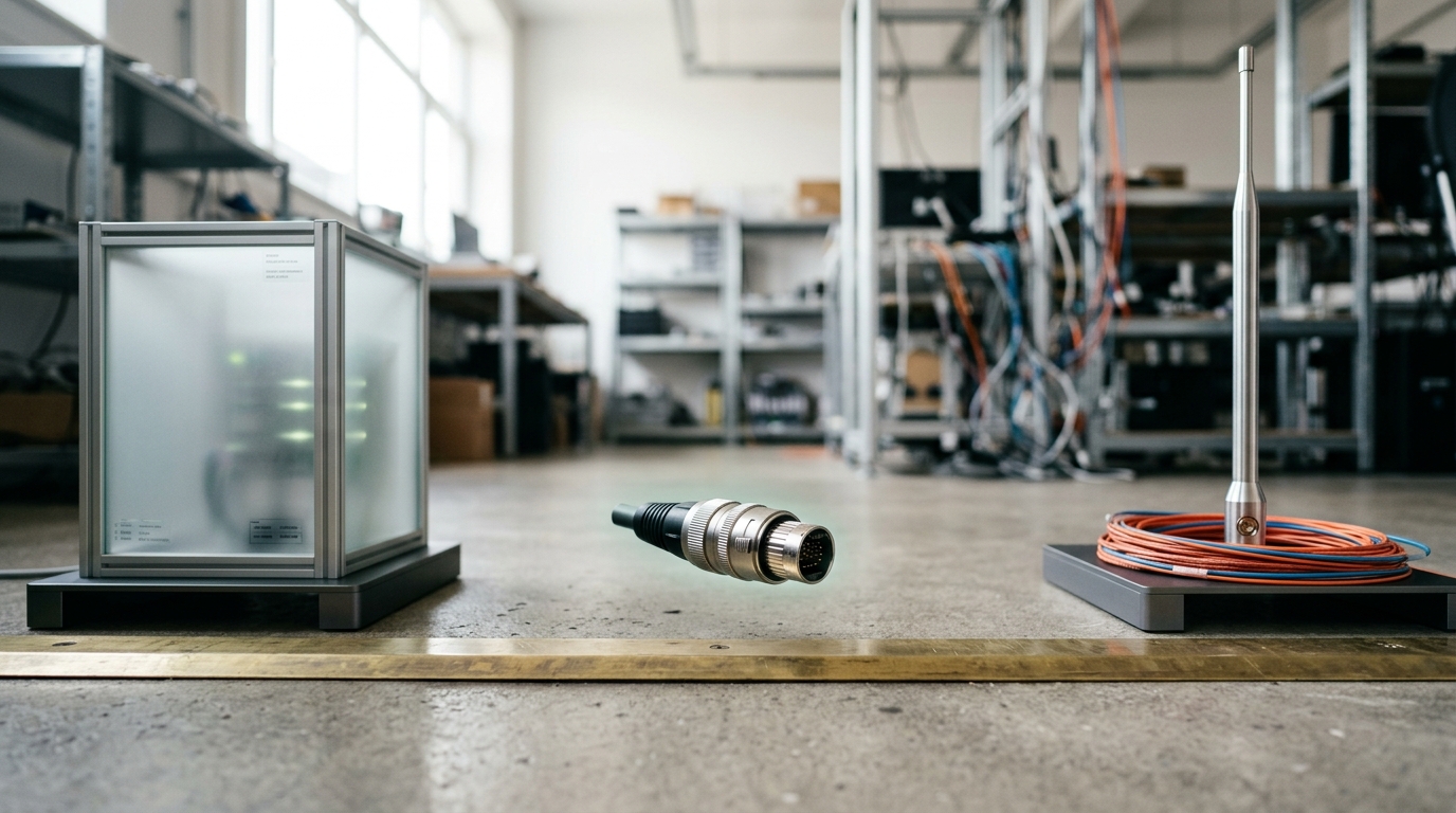 A fine cable connector caught hovering mid-crossing over a brass threshold strip set into the floor, a sealed local-processing enclosure on one side and a slender uplink mast on the other