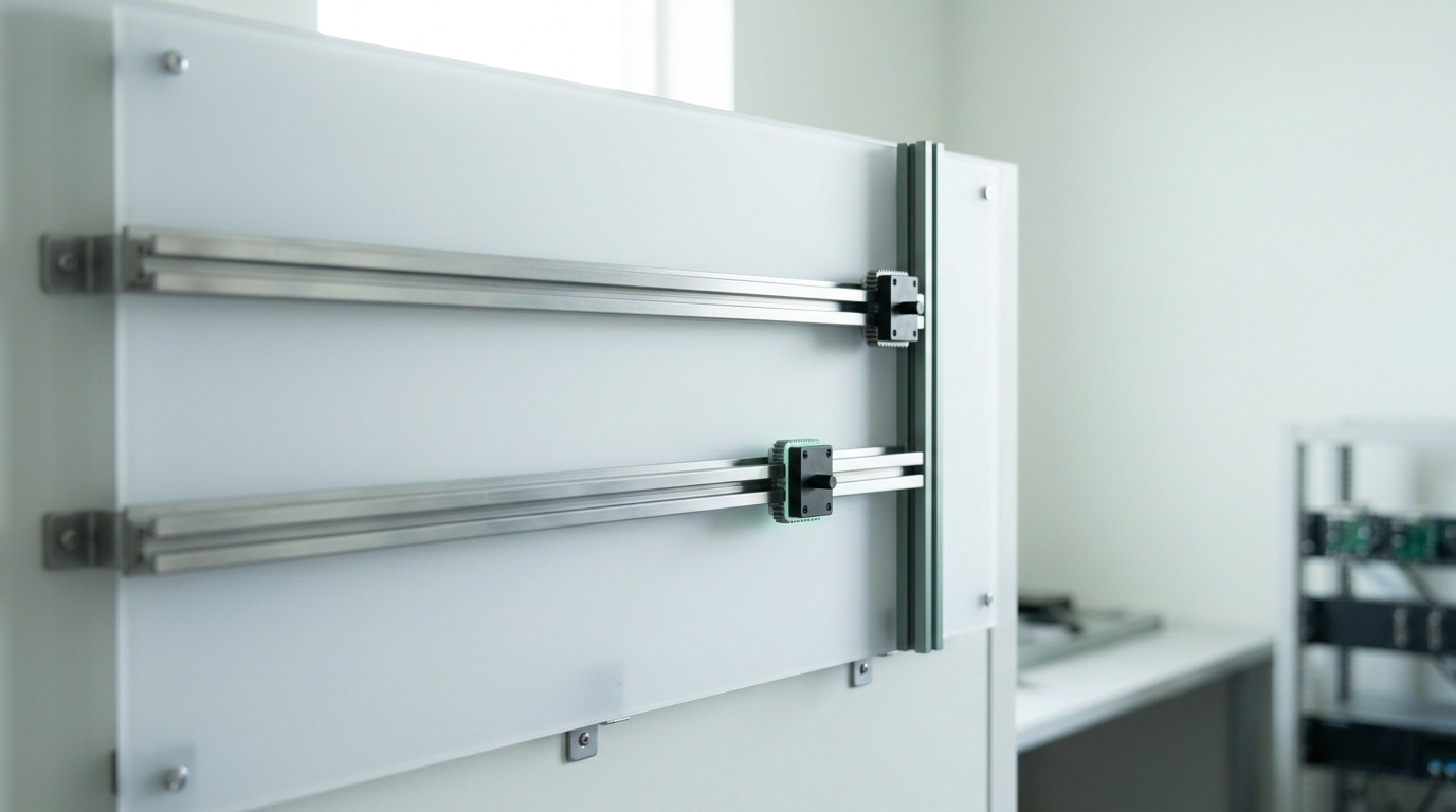 A wall-mounted capability-gap tracking panel with two geared rails running toward a shared datum edge, one marker already close to the edge and the other caught mid-slide, still a visible gap short of it