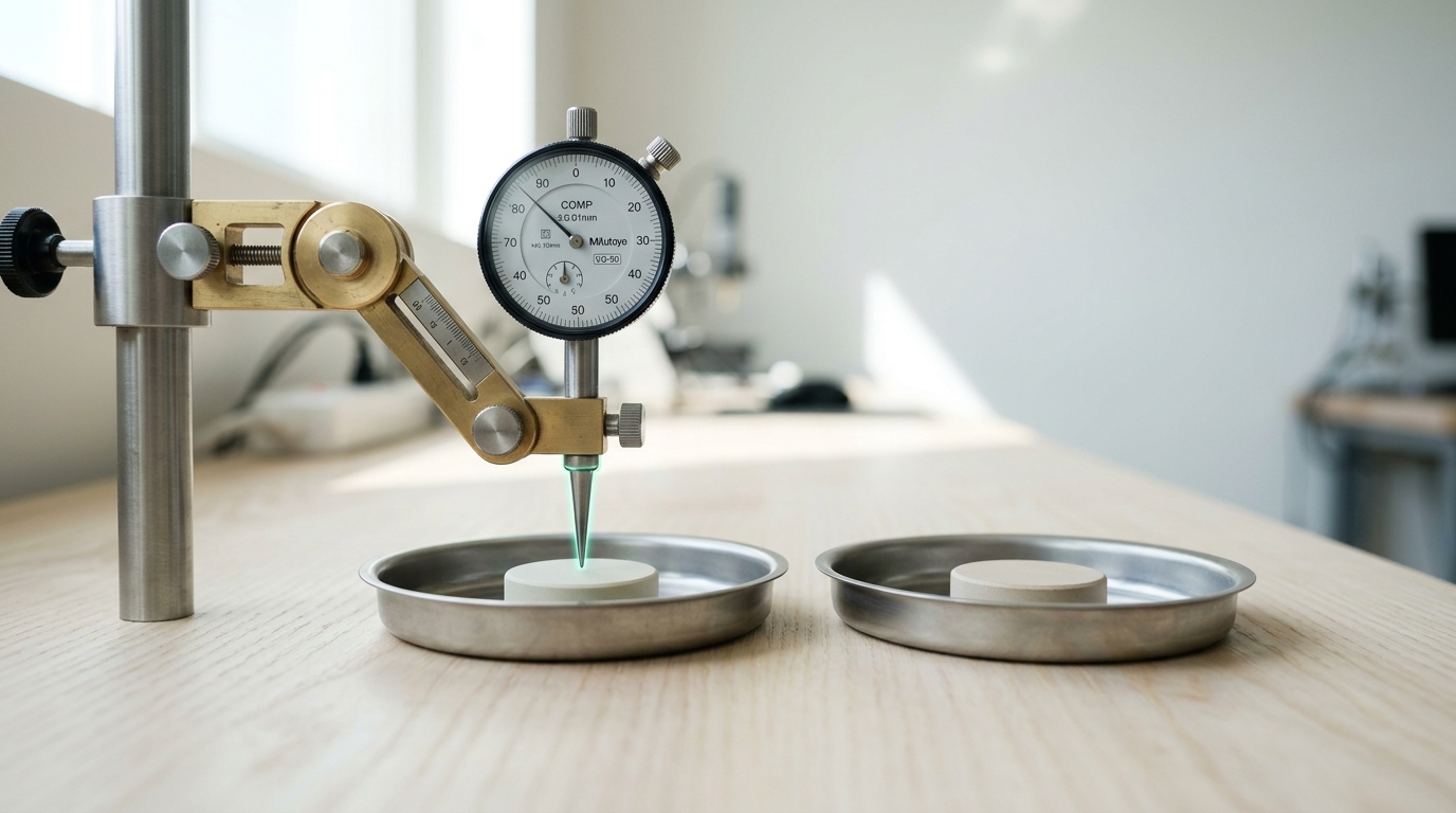 Two small ceramic output tokens sitting in twin trays on a validation bench, an articulated comparator gauge lowering toward one of them but not yet touching its surface