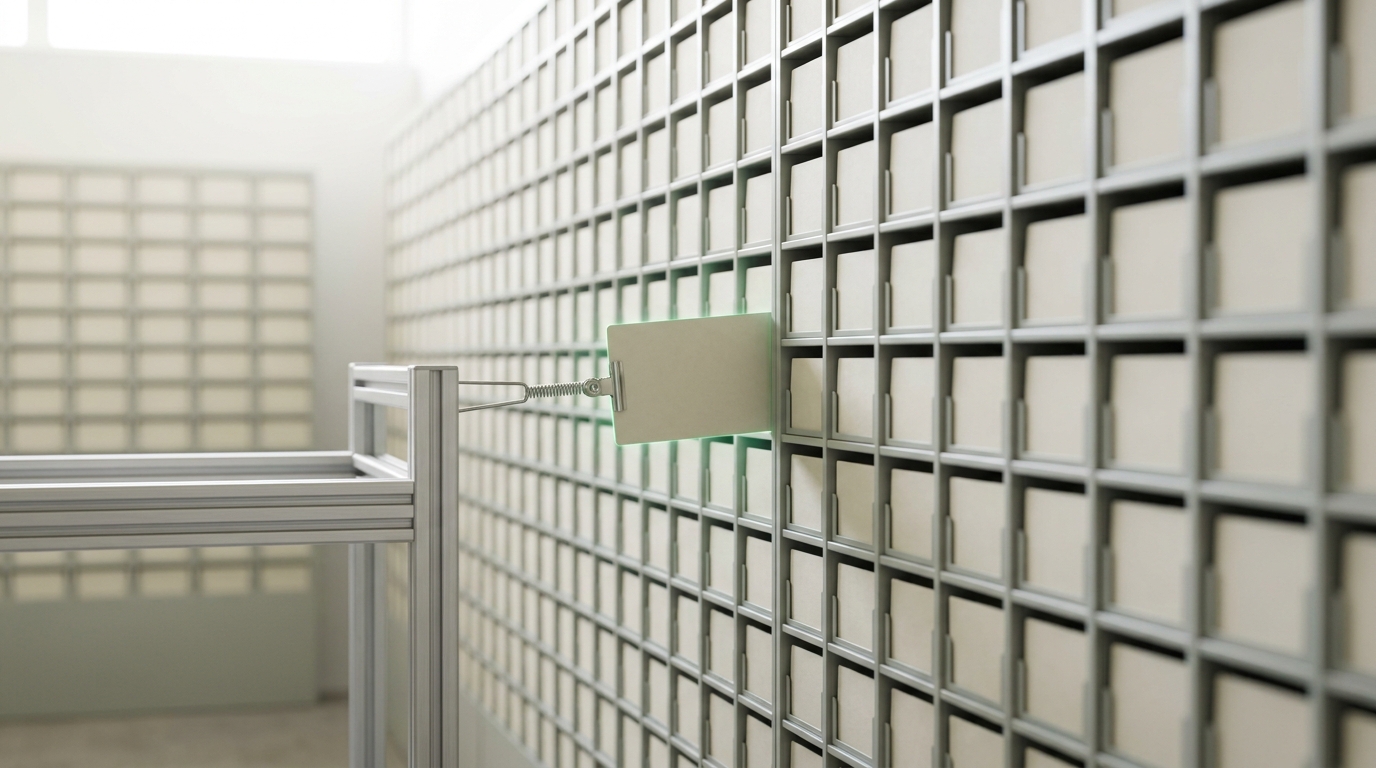 A grid of small uniform archive bins on a bay wall, one cell caught mid-restock as a new result card is slid into it while the cells around it already hold theirs