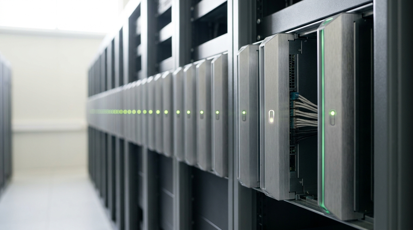 A long identical row of worker blades running the same policy in parallel, one status light caught mid-change as it reports its result back to the row