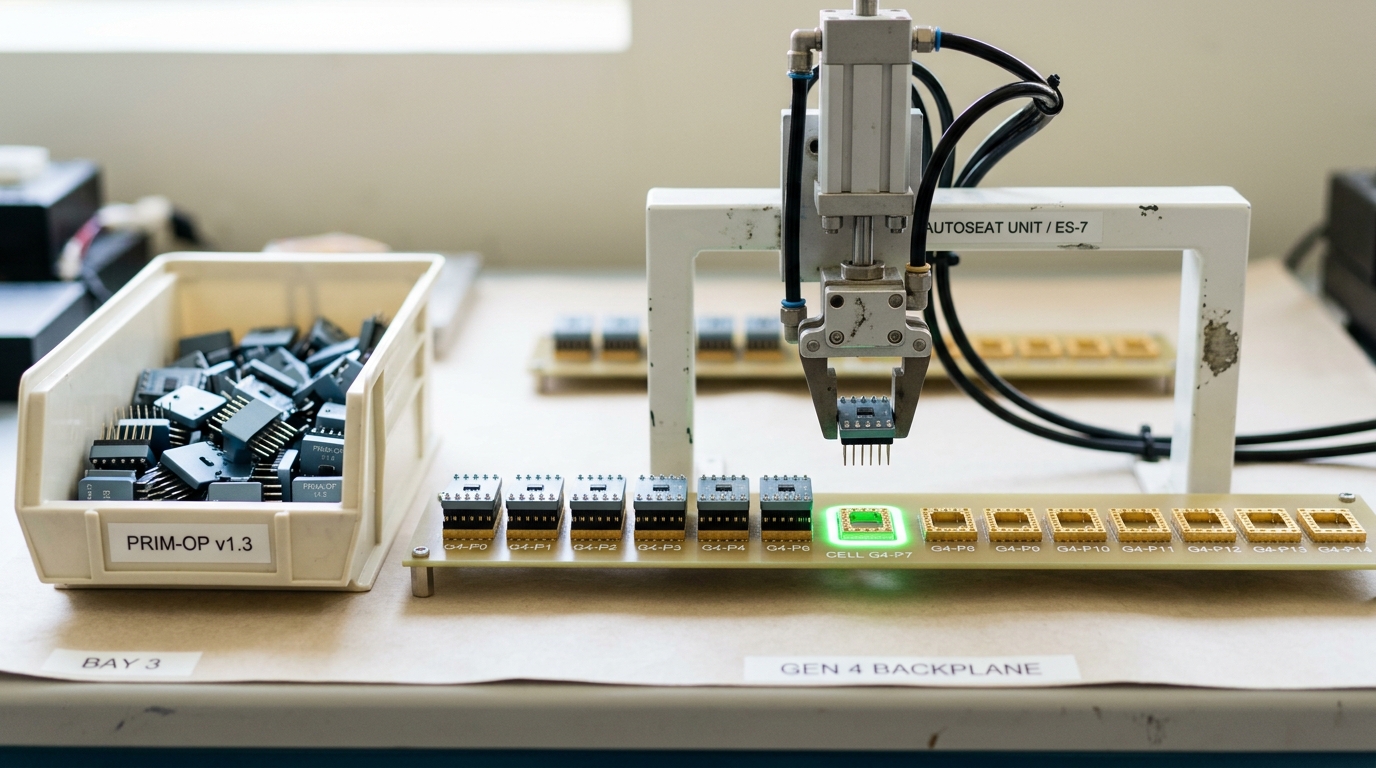 A bin of identical primitive-operation modules beside a small backplane where a fixed mechanical jig holds one module just above the next open socket in a growing program string