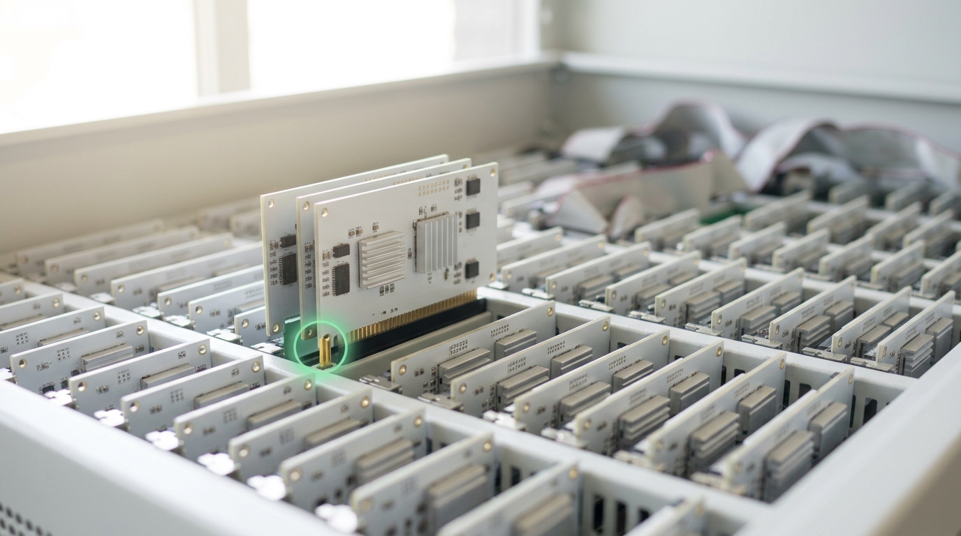 A dense grid of small carrier boards each running one evolving network, one board caught with an extra riser card half-seated onto it as its structure grows mid-generation
