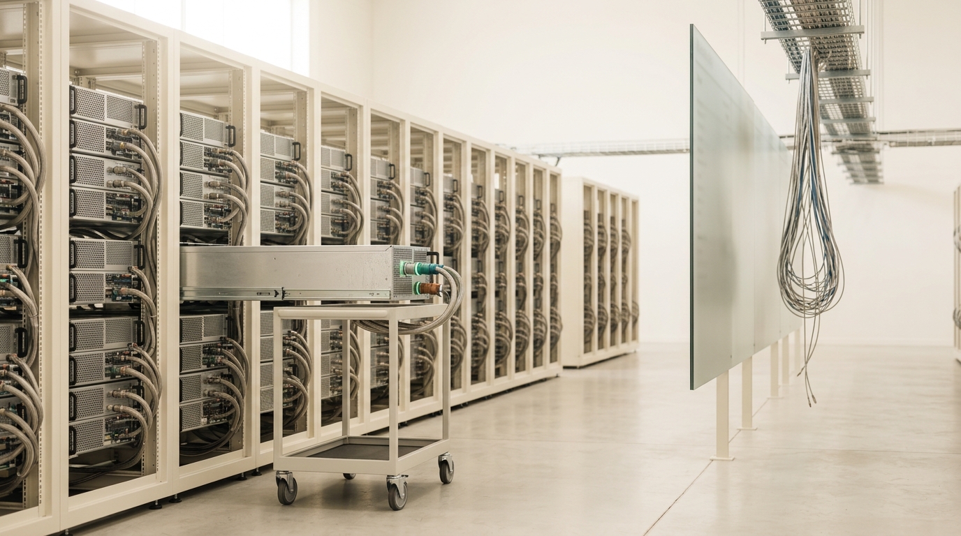 Two adjoining server bays linked by a heavy trunk cable caught mid-install between them, one bay generating scenario jobs and the other running solver jobs
