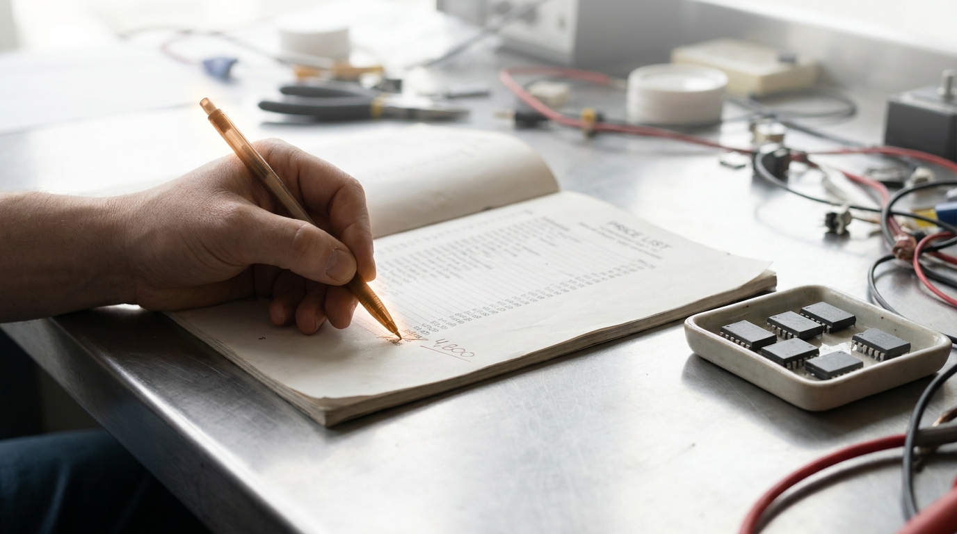 A plain reference card on a bright desk listing three index names each with a short methodology description, a pen caught underlining one entry