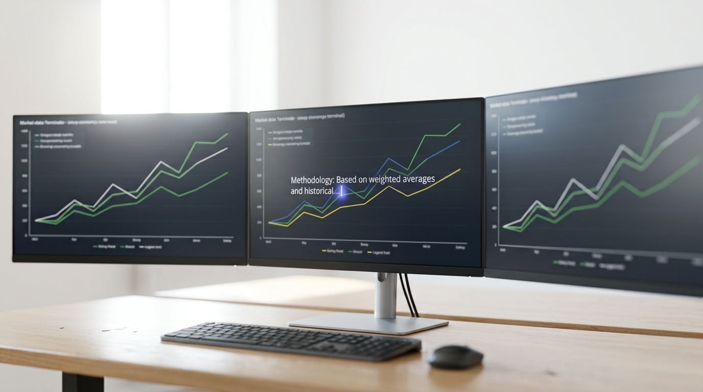 Three ticker displays on a bright desk showing three index lines that started at the same point and have since diverged, a technician's cursor caught annotating one display with a methodology note