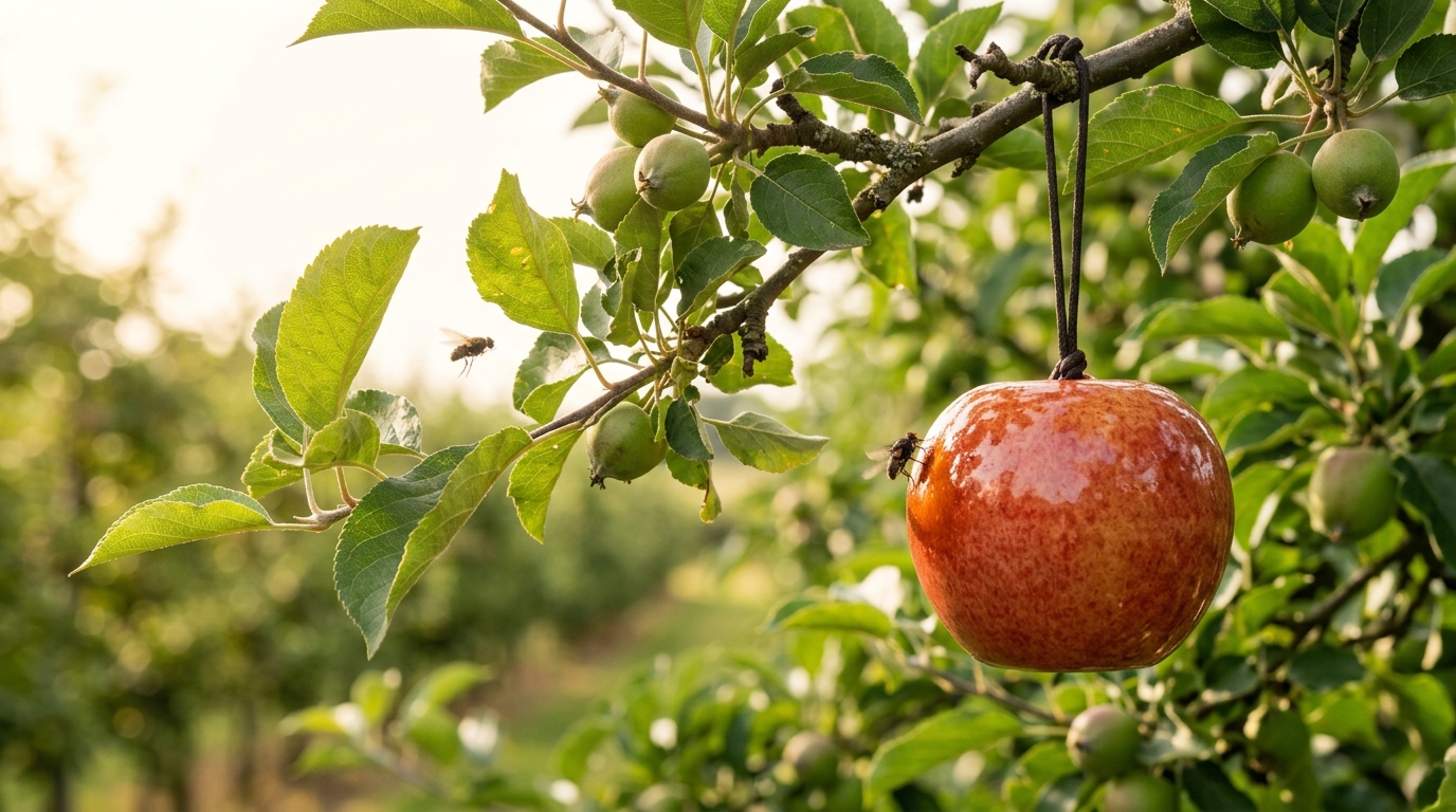 A fruit-mimic fly trap baited and hung from an apple bough among orchard leaves, one fly caught mid-landing on its glazed surface with wings still blurred, a second fly approaching from the shadow of a leaf