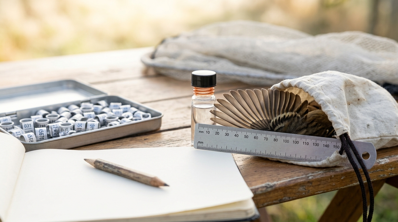 An open banding kit on a folding table with a wing-chord ruler laid against a fan of primary feathers held at the mouth of a cloth bird bag, a small sample vial standing with its cap only part-threaded