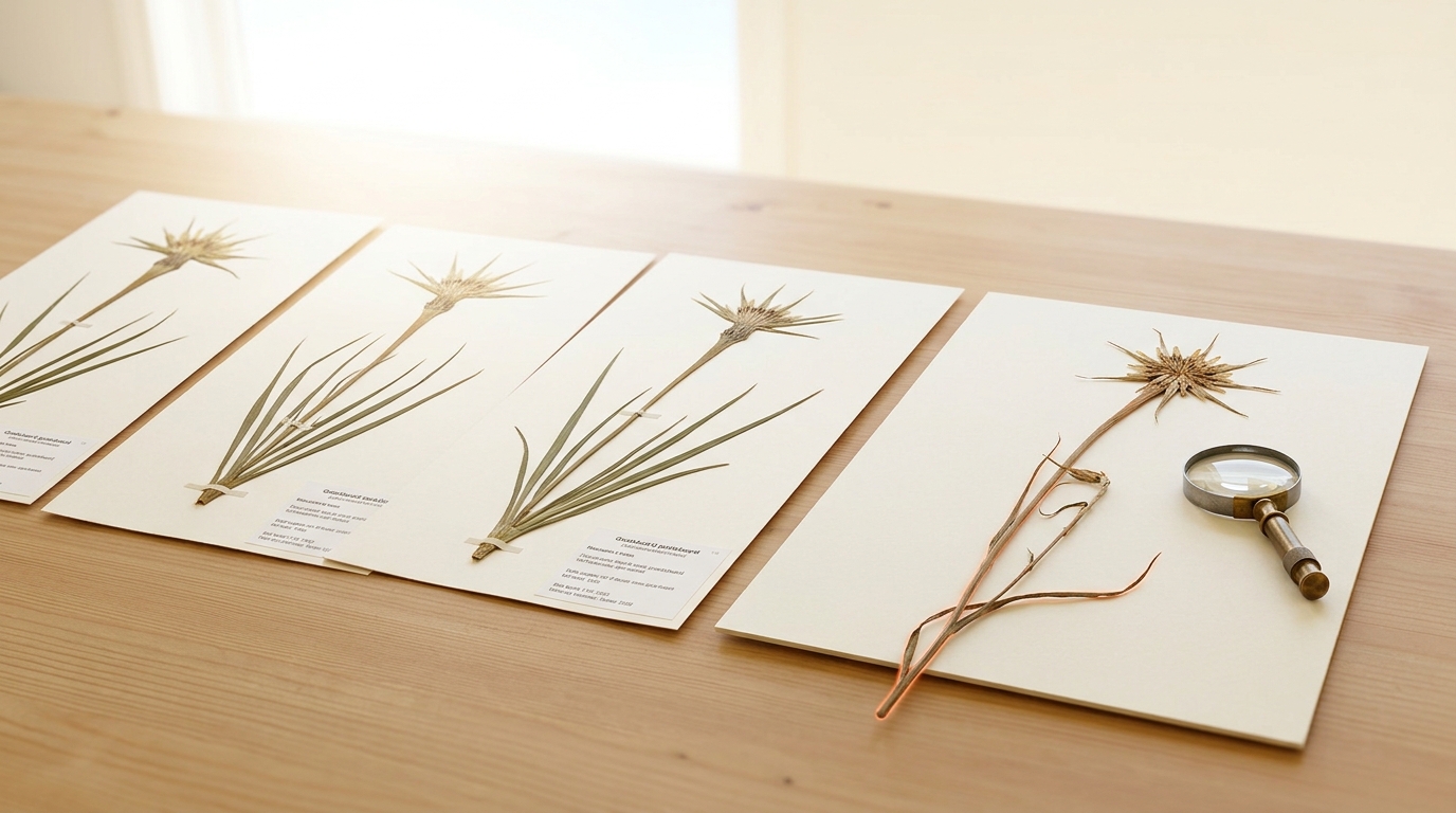 A Tragopogon herbarium specimen being mounted on a cream sheet, one linen tape strip applied at only one end while the long bracted flower head is still lifted slightly off the paper, a blank label card set beside it