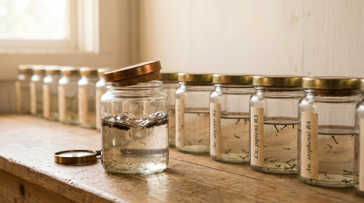 Two ranks of labelled rearing jars on a sorting bench holding mosquito egg rafts and larvae, one jar's brass-ringed lid caught ajar and tilted mid-transfer with the water surface inside still unsettled