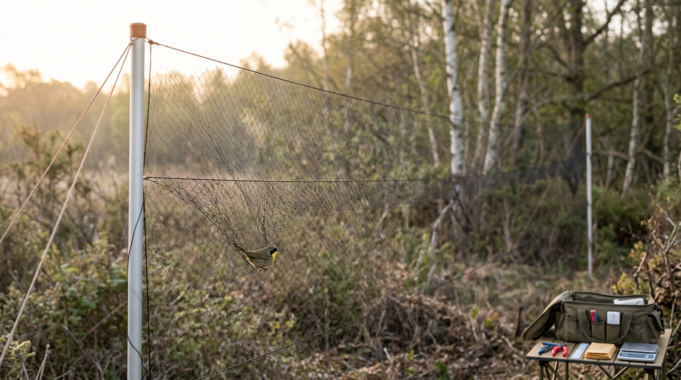 A mist net strung between aluminium poles at the edge of scrub at dawn, one net pocket sagging with the weight of a small warbler still inside it, the net line still being drawn taut and not yet furled