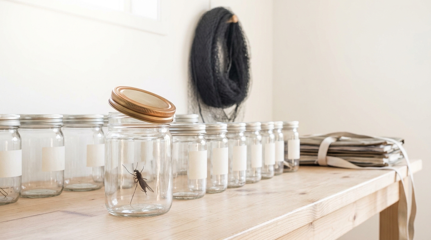 A field-station sorting bench with a rack of labelled glass specimen jars, one jar's lid resting ajar and not yet seated, a stacked herbarium press and a coiled mist net visible on the bench behind it