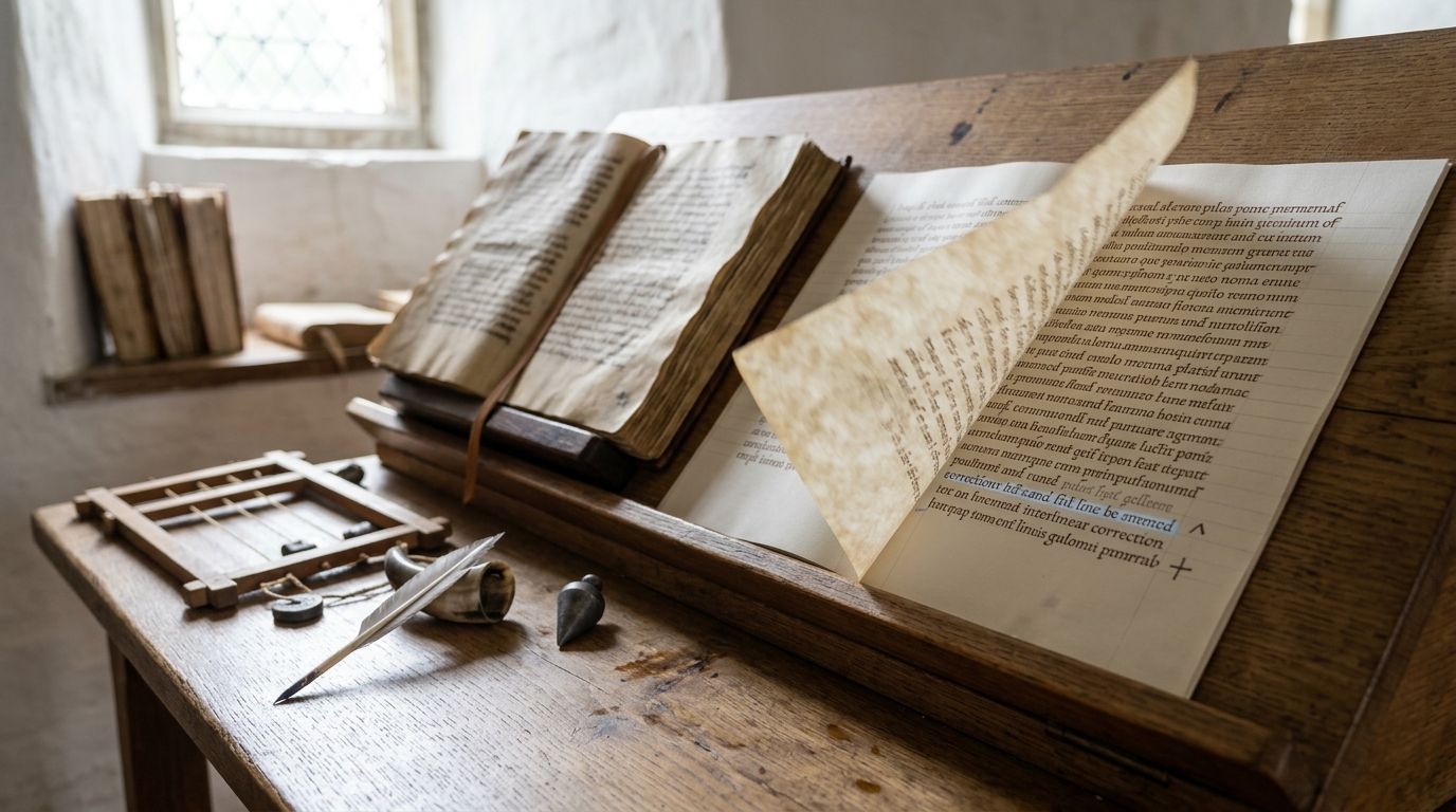 A sloped collation desk in a whitewashed writing room with a fresh copy open beside its older exemplar, a short correction just entered between two lines in a paler ink and still wet, a strung ruling frame pushed aside and a cut quill laid across the inkwell