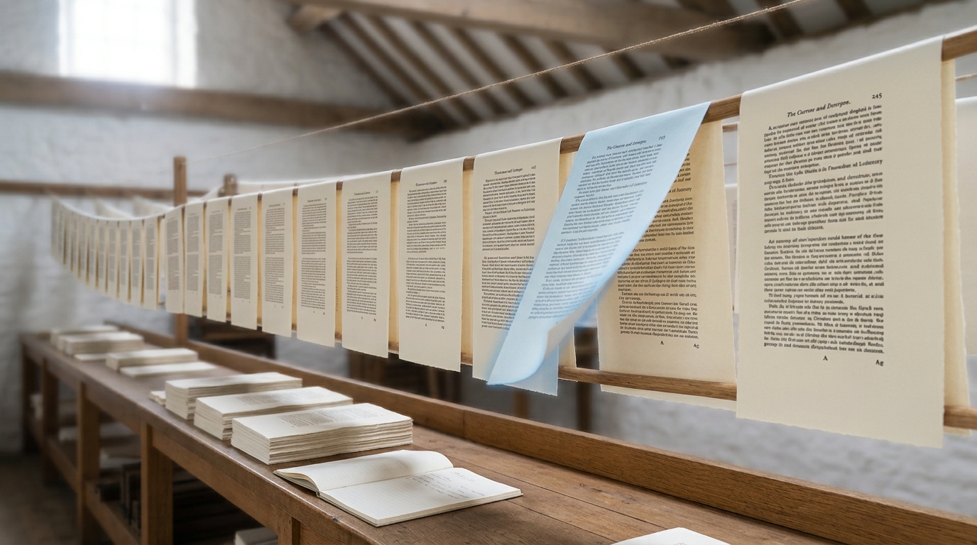 A long lateral run of drying poles under a whitewashed roof carrying identical freshly printed sheets at an even repeating interval, the same corner numeral falling in the same place on every one, with a single sheet just draped and its free corner still falling