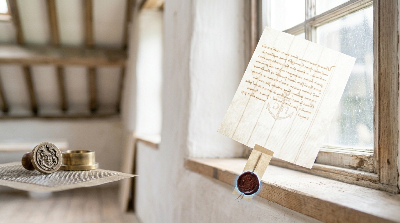 A written instrument tipped at an angle against a bright window pane so the papermaker's wire device shows through the chancery hand from behind, its wax seal still swinging on a parchment tag, with the bronze matrix that struck the seal lying on the sill