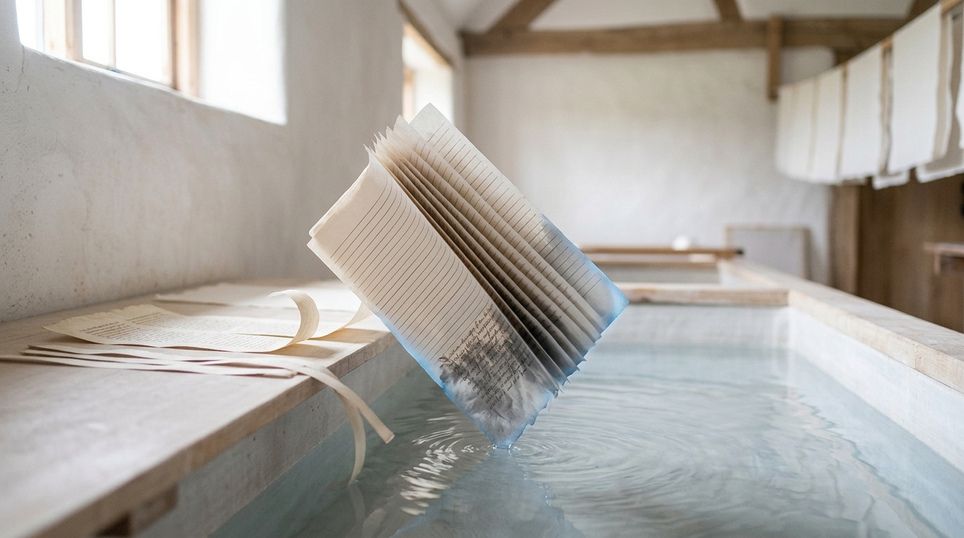 A bundle of written waste paper caught mid-fall from a sorting bench into a pulping trough, the ink already blooming and feathering where the water has taken hold, with a written parchment leaf slit lengthways into binder's spine strips lying on the bench