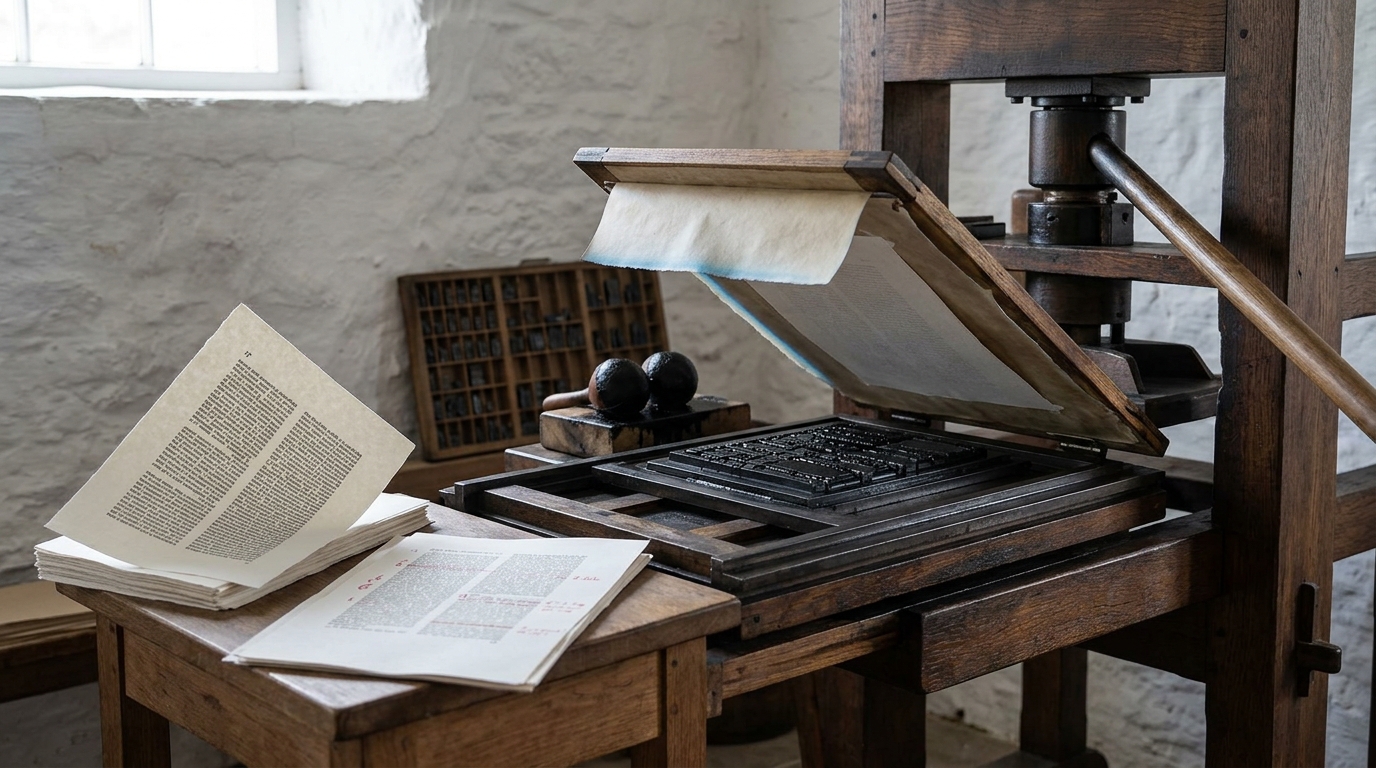 A common wooden hand press with its tympan and frisket hinged part-way down over an inked forme of standing type, the carriage still out on its rails, and a proof sheet with correction marks lying on the bank beside a stack of freshly printed pages