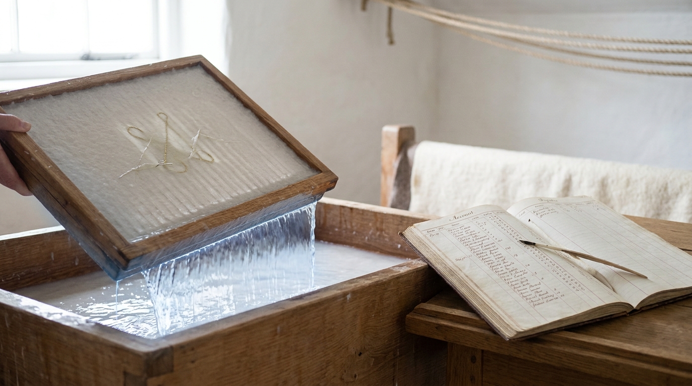 A wire-laid wooden mould and deckle lifted part-way clear of a vat of pale linen pulp in a whitewashed mill loft, water still sheeting off the newly formed sheet as the sewn wire device begins to show in it, with an open account register ruled into columns on the bench beyond