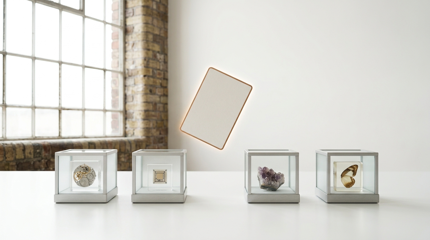 Four separate small display cases in bright daylight, each holding a visibly different kind of electronic component, roughly equal in size and prominence, a planner's card caught being placed centrally among them rather than beside any single case