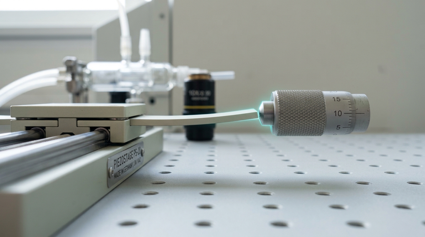 A piezo translation stage seen low across an optical breadboard, its slim flexure still bowed in the outgoing direction while the knurled drive barrel behind it has already begun the return, a hair of bright gap standing open at the contact