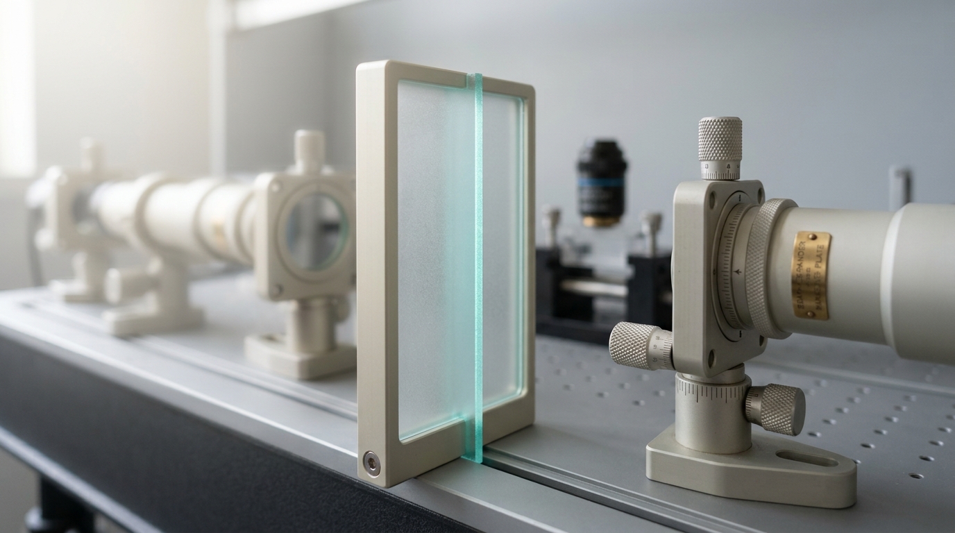 A ground-glass diffuser caught part-way into a filter slot in an optical trap's beam path, the steering mirrors and beam-expander telescope behind it already smeared to a pale blur while the same train stays crisp beside the glass edge
