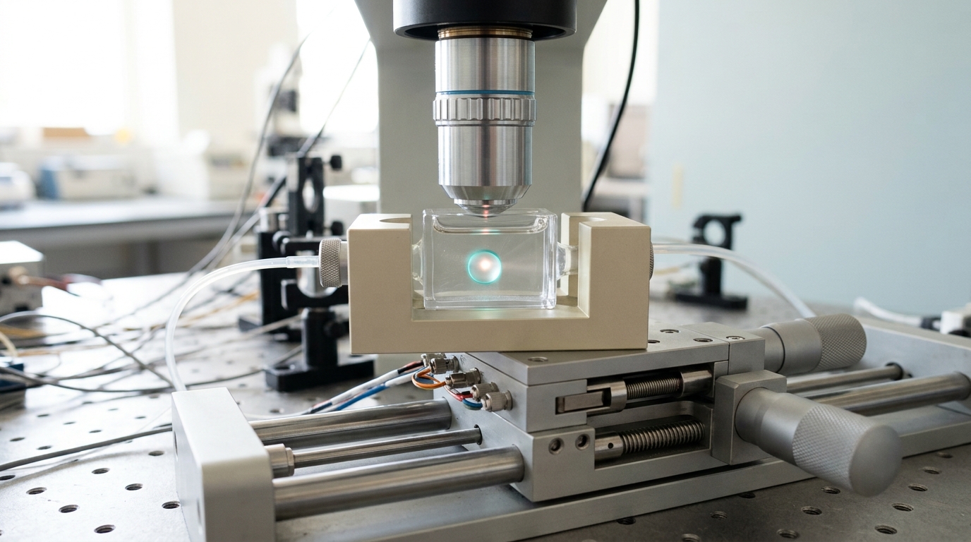 A water-immersion objective with its immersion drop still spreading against the coverslip of a small glass flow cell, and inside the channel a micron bead on a molecular tether held in a soft focused spot but trailing behind its centre