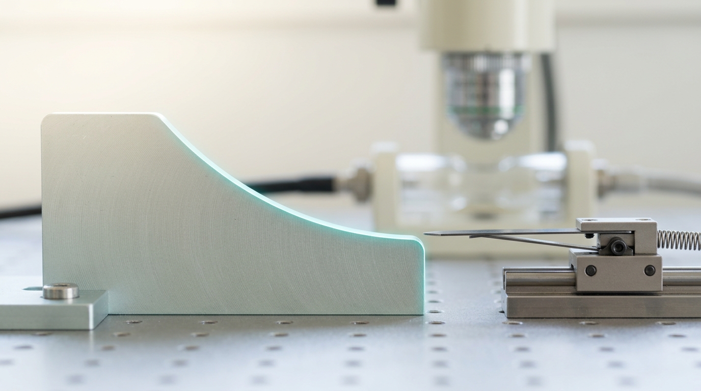 The quadrant-photodiode detection arm of an optical trap, its four-segment chip behind a machined aperture whose opening edge falls away as one smooth curve and then simply ends, a small bright spot still travelling and halting a hair short of where the opening runs out
