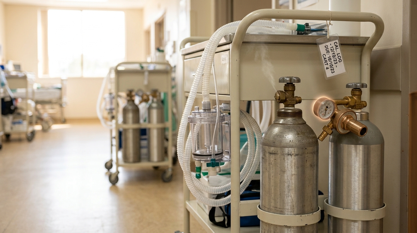 A metabolic cart's calibration gas cylinder mid-swap, the old cylinder's valve just closed with a thin cloud of released gas still visible, a new cylinder's regulator not yet threaded onto its collar