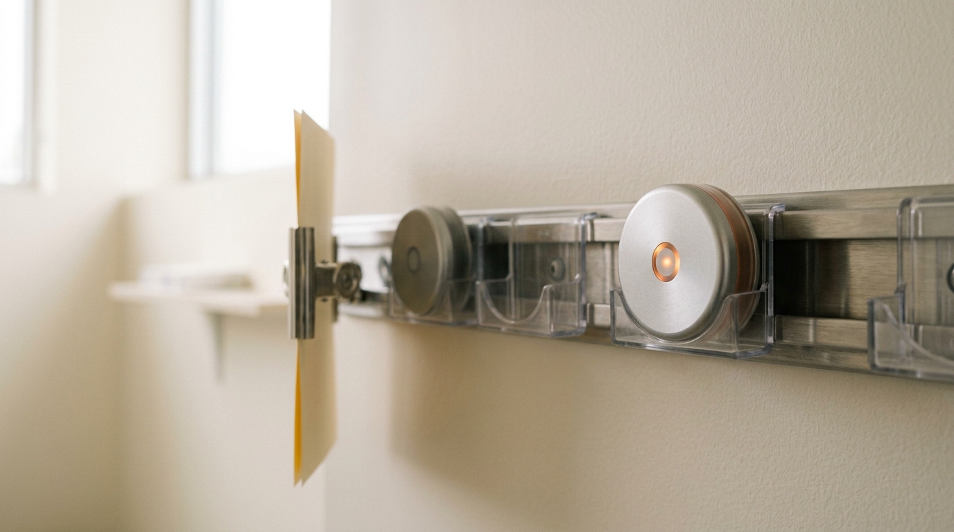 A wall-mounted charging rack of small puck-shaped wearable light-exposure loggers, one still being seated into its cradle with its indicator light just flickering on, a receding row of already-charging loggers beside it