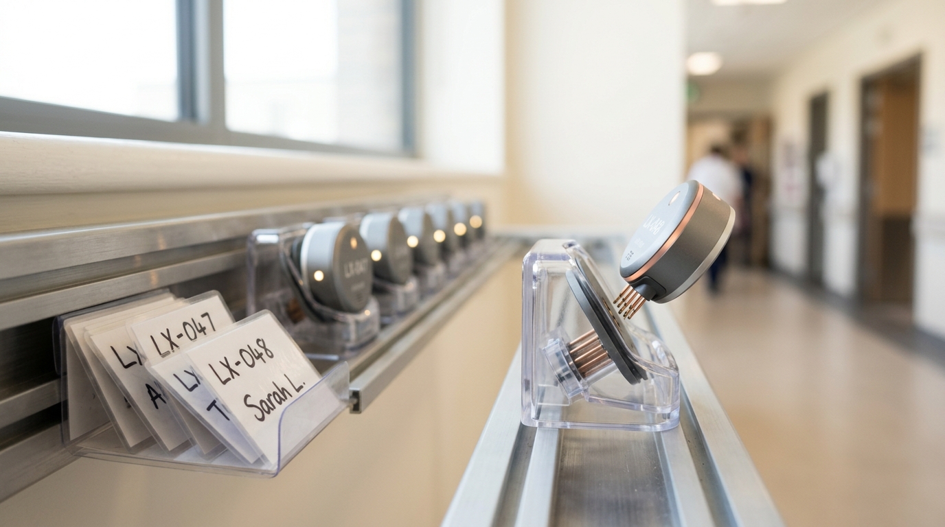 A single wearable light-and-motion logger on an otherwise mostly empty charging rack, its indicator light caught mid-pulse in an ambiguous amber rather than a steady confirming colour, one other logger dark further down the shelf